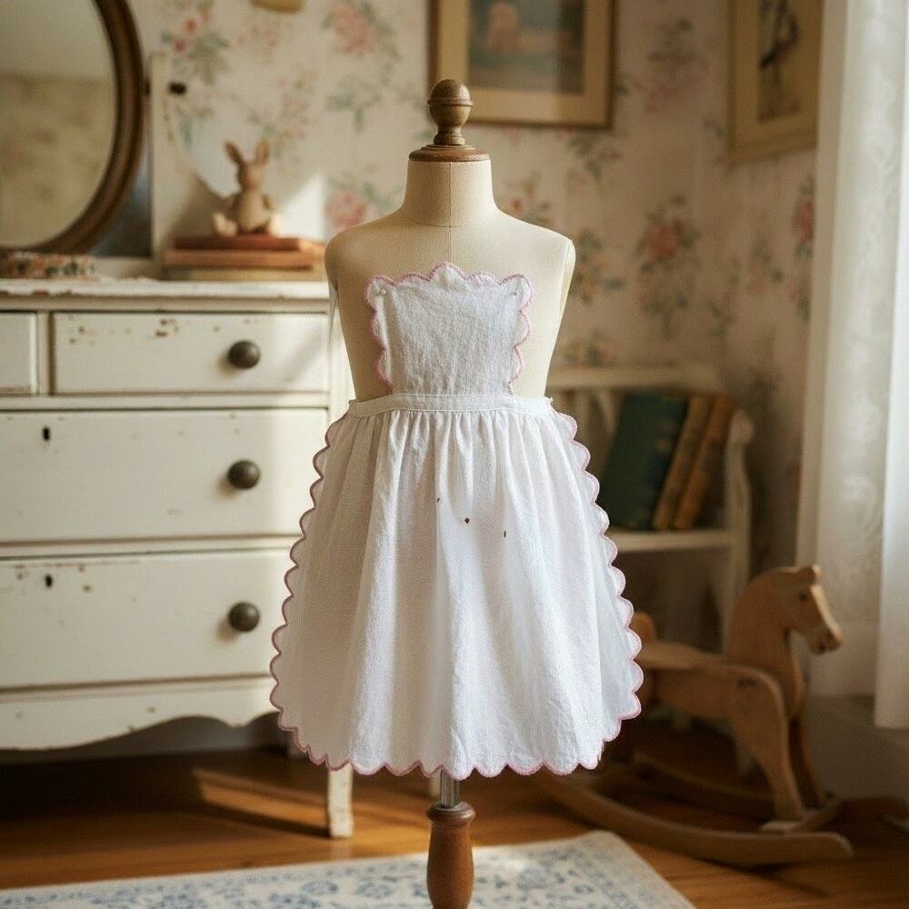 Antique 1920s-30s Child Pinafore Apron-Hand Sewn-White-Pink-Girls-2T-3T-Heirloom